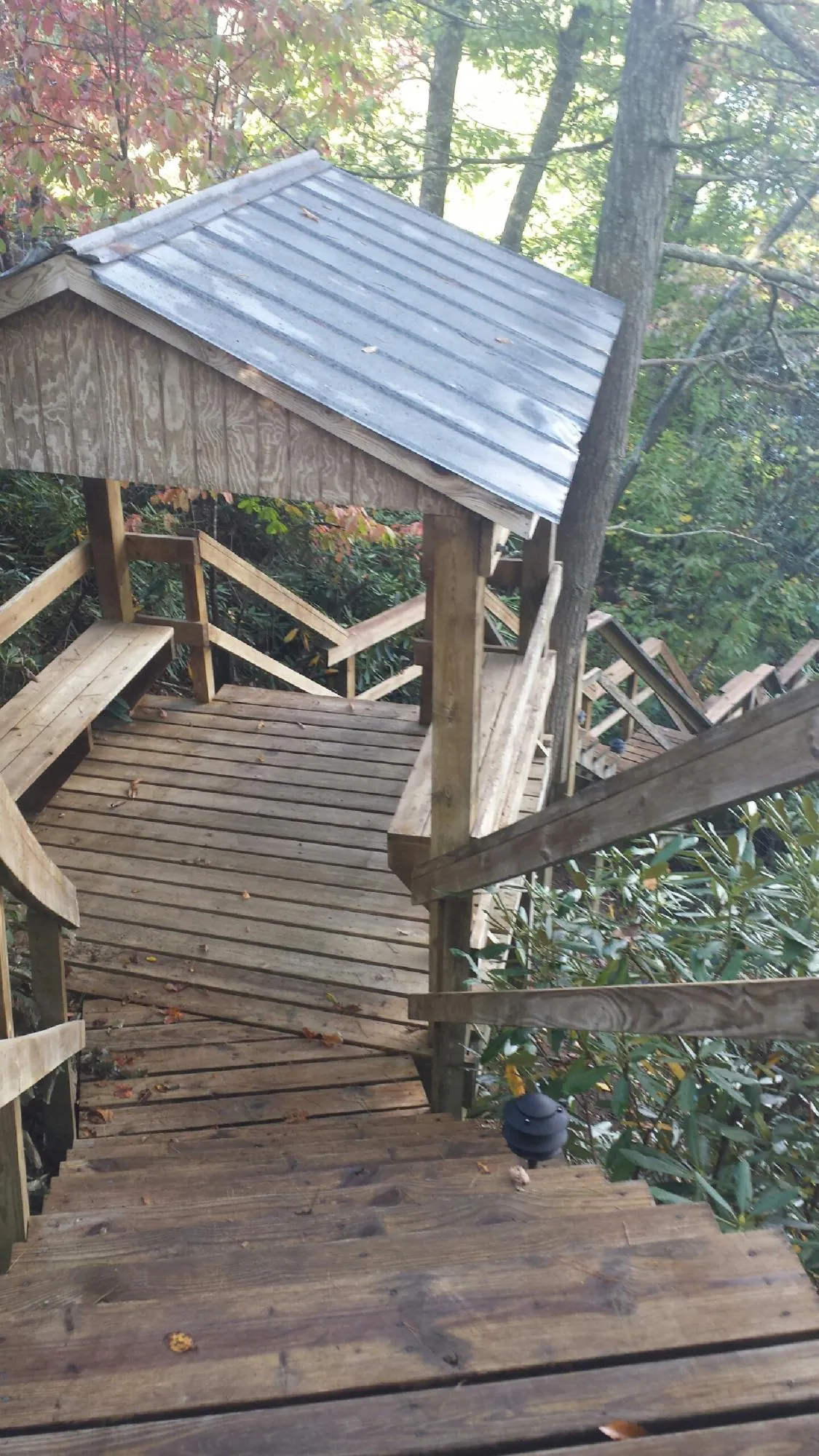Metal roofed shelter over wooden steps on a wooded walkway — Skylight Repair & Installation work by our crew in Kearney